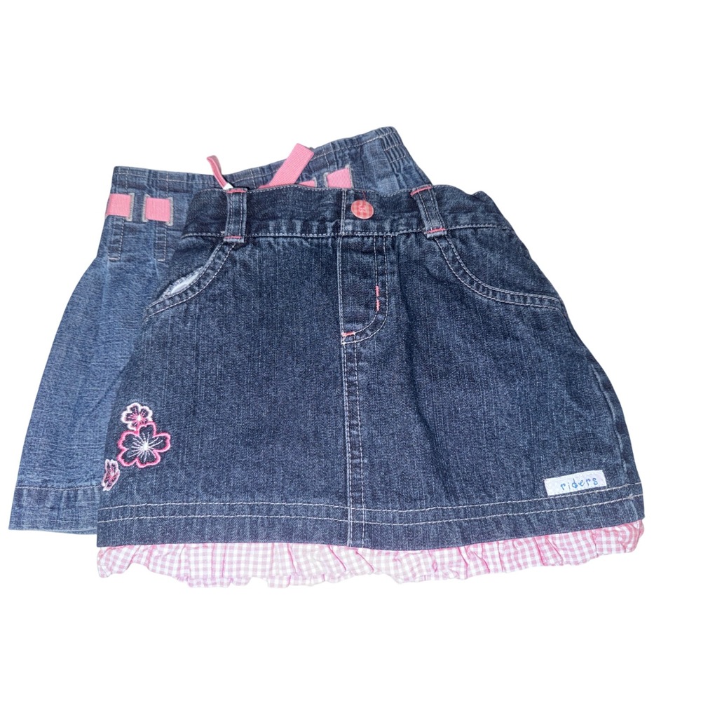 Riders by Lee Girls Denim Skirt Lot of 2 Pink Gingham Ruffle Ribbon Bow Blue